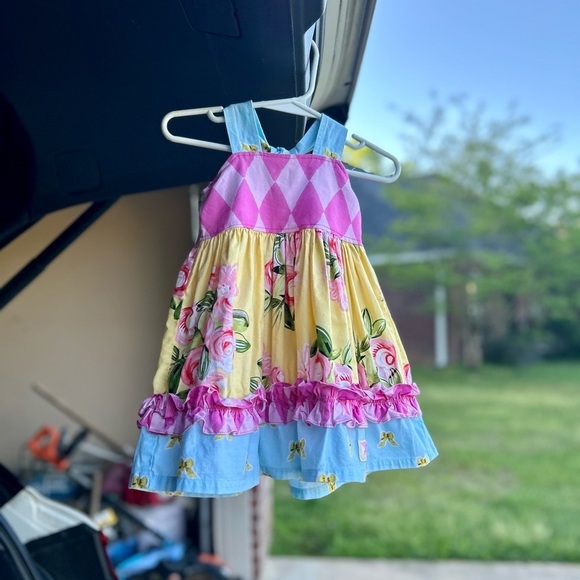 Girls boutique yellow/pink/blue floral sleeveless Dress with ruffles 18m - Picture 3 of 12